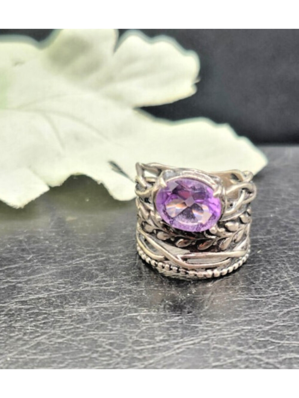 Or Paz Sterling Silver Amethyst Wide Band Ring Size 6 Multi Strand Textured 925